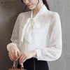 Femmes blanc en mousseline de soie Blouses à manches longues chemises automne solide élégant nœud Slim Fit dames hauts Blusas Mujer De Moda 10703 210417