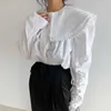 Tal vez U camisa blanca para mujer cuello Peter Pan fruncido cordón de un solo pecho manga larga blusa sólida camisa B0781 210529