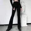 Insgoth lange mouwen Crop Top Women Black Sets Streetwear Gothic Flare Pants Off Shoulder Bodycon Top Y0625