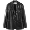 Nerazzurri Spring black reflective print leather blazer jacket for women long sleeve Soft faux leather blazer 210923