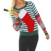 LOSSKY Calzini a righe natalizie T-shirt patchwork Casual O Collo Manica lunga Autunno Inverno Divertente T-shirt Autunno Top Tees per le donne 210507