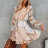 Bahar Elbise Chic Vintage Bohemian Baskı Mini Kadınlar Uzun Kollu Şifon Vestidos Kadın Kemer Pileli Bel Astar 210430