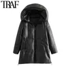 TRAF Kadınlar Moda Kalın Sıcak Kış Faux Deri Parkas Coat Vintage Kapşonlu Uzun Kollu Kadın Giyim Şık Palto 210415