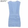 Zevity женщины мода твердого цвета плиссированные тонкие мини-платья летнее женское шикарное о шеи без рукавов шифоновый жилет партии Vestidos DS8500 210603