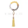 Key Ring Bracelet Car Key Ring Silicone and Wood Beaded Bangle Keychain Wristlet Leather Tassel for Women Girls Bags Pendant