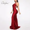Sommar kvinnor Maxi Party Spaghetti Strap Sexig Bodycon Red Long Satin Slip Dress 210415