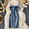 DEAT Arrivi estivi Sexy senza maniche senza spalline blu a vita alta Mini abito corto in denim Donna MI844 210709