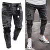 Jeans masculinos fino ajuste estiramento denim calças preto rasgado pé bocas zíper streetwear calças masculinas outono inverno roupas