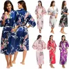 Frauen Sexy Silk Satin Knielange Robe Bademantel Pfau Floral Print Kimono Pyjamas Strickjacke mit Taschen 210924