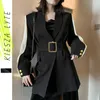 Женщины Blazer Feminino Metal Gold Пряжка пояса Черные Blazers Femme Мода Дамы Куртка Пальто Волшебника Муджера Высокое Качество 210608