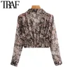 TRAF Women Fashion Metallic Thread Floral Print bijgesneden blouses Vintage ELASTE ELASTE ZOM VROUWEN VROUWELIJKE SHIRTS CHICE TOPS 210415