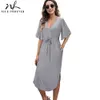Nice-forever Summer Women Casual Pure Color with Sash Dresses Sexy V neck Oversized Straight Dress 2btyA202 210419