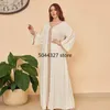 Ethnic Clothing Autumn Muslim Women Long Sleeve V-neck Green White Abaya Dress195O