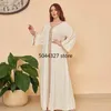 Roupa étnica Outono Muçulmana Feminina Manga Longa Decote em V Vestido Abaya Verde Branco