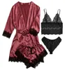 Lace Satin Women Pajamas Sleep Robe 4pcs Set Fashion Style Home Clothing Suit Ladies Sexy Bra Shorts Underwear