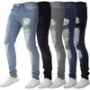 Erkek Kot Yırtık Delik Slim Fit Casual Erkek Steet Wear Sıkıntılı Kalem Pantolon Siyah Açık Mavi Kot Pantolon Tam Boy Pantolon 210622