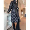 Long Winter Coat Rhombus Pattern Casual Sashes Women Parkas Pockets Tailored Collar Puffer Jacket Cotton-padded Outwear 211204