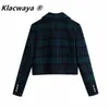 Damesmode Blazers Donkergroen Lattice Plaid Tweed Kleped Double-Breasted Fitted Casual Chic Short Coats 210521