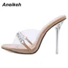 Sexy Transparent PVC Femmes Parti Chaussure D'été Tête Peep Toe Mince Talon Haut De Mode En Métal Décoration Mixte Argent 210507