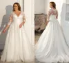 Bescheidenes Hochzeitskleid 2021 V-Ausschnitt 3/4 Spitzenärmel Applikation A-Linie Weiß/Elfenbein Brautkleid Plus Size Maßgeschneidert