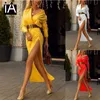 Delle Donne Slit V Collo Vita alta Giallo Rosso Bianco Slip Slip Dress Lungo Sexy Maxi Satin Winter Party Club Vestido Autunno Abiti Casual