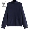 FANSILANEN Two piece suit turtleneck knitted sweater Women oversized blue casual pullover Autumn winter vintage female jumper 210607