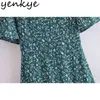 Vintage Green Floral Print Dress Kvinnor O Neck Kortärmad A-Line Holiday Sommar Chiffon Ruffle Vestido 210514