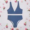 Sexig Cross Bikini Set Kvinnor Solid V-Neck High-Waisted Två Piece Swimsuit 2021 Tjej Beach Badkläder Badkläder Biquinis 1289 Z2