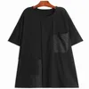[EAM] Dames Navy Black Pockets Spliced ​​Big Size T-shirt Ronde hals Korte Mouw Mode Lente Zomer 1DD7946 210512