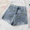 Blå pärla kort jeans kvinnor femme sommar koreansk denim lös avslappnad plus storlek breda ben damer s 210429