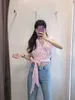 Kvinnor Sweet V Neck Hem Bow Bundet Rosa Poplin Blouse Ladies Ärmlös Plats Chic Shirts Casual Slim Femininas Tops LS6811 210420