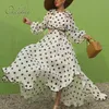 Mulheres Verão Maxi Sleeve Polka Dot Sexy Backless Ruffle Vestido de Beach 210415