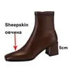 Genuine Leather High Heel Ankle Boots Women Shoes Zipper Square Toe Chunky Heels Ladies Short Autumn Winter Brown 210517