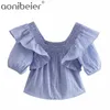 Blusa de verão ruffles manga curta colheita tops feminino elástico fora ombro casual quadrado pescoço solto xadrez blusa 210604
