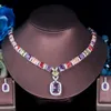 Driegrassen Luxe Multicolor Cubic Zirconia Grote Geometrische Vierkant Oorbellen Ketting Bruids Bruiloft Sieraden Set voor Bruiden T0633 H1022