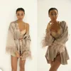 Ostrich Feather Women Sleepwear Långärmad Maternity Sexig Kimono Party Bathrock Wiht Belt Lady Nightgown Robe