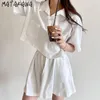 MATAKAWA Lapel Three-button Loose Short-sleeved T-shirt High-waist Lace-up Casual Pants Shorts Suit Two Piece Suit for Women 210513