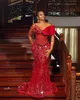 2022 Plus Size Arabic Aso Ebi Red Luxurious Mermaid Prom Dresses Beaded Crystals Sheer Neck Evening Formal Party Second Reception 204O