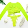 Żółty Crop Top Swim Wear Women Summer Sexy Beachwear Mesh Długi Rękaw Cover Ups Three Piece Swimsuit Bikini Set