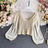 Western Style Girl Short Top Women Spring and Autumn French Fashion Hollow V-Neck Serd Puff Sleeve Skip069 210507