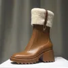 Superior Quality Luxury Designers Women Half Boots Mixed Color Wool Square Toes Rainboots Chunky Heels Platform Skor Combat Ankel Boot Martin Booties 34-41