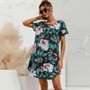 Kwiatowy Drukuj Bawełniana Pościel Damska Dress Summer Vintage Casual O Neck Krótki Rękaw Loose Proste Mini Sukienki Vestidos Plus Rozmiar 210522