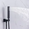 Matte Black Cascada Sistema de ducha de lluvia Termostática LED 14 x 20 pulgadas Rectángulo Rectángulo Techo de lujo Cabeza Montado Mezclador Faucet Set