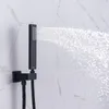 Matte Black Waterfall Thermostatic LED Rain Shower System 14 X 20 Inch Rectangle Luxury Ceil Mounted Head Bathroom Mixer Faucet Set