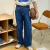 Mäns jeans slitage höst 2021 koreanska mode lösa show tunna mitten midja breda ben rakt denim byxor