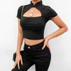 2019 Hot chinois col montant manches courtes hauts Sexy femmes t-shirts hauts courts mode mince creux raccord réservoir Clubwear Blusa X0628