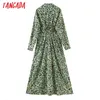 Femmes Femmes Vert Floral Impression Plissé Shirt Longue Street High Street Dress Midi Dress SL514 210416