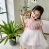 Niedliches Cheongsam-Mesh-Patwork-Kleid im chinesischen Stil für Babys, Sommer, 2 Farben, Bling-Geburtstagskleider 210708