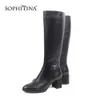 Sophitinaエレガントハイブーツ高品質牛革ファッションデザイン金属装飾スクエアヒールシューズ女性ブーツSC432 210513