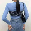 Kawaii Leopard Bont Patched Mock Hals Y2K Crop Top Lange Mouw Blauw Wit T-shirts Vrouwelijke Harajuku Tee Shirt voor Dameskleding 210415